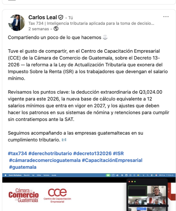 Capacitación sobre el Decreto 13-2026 en la Cámara de Comercio de Guatemala